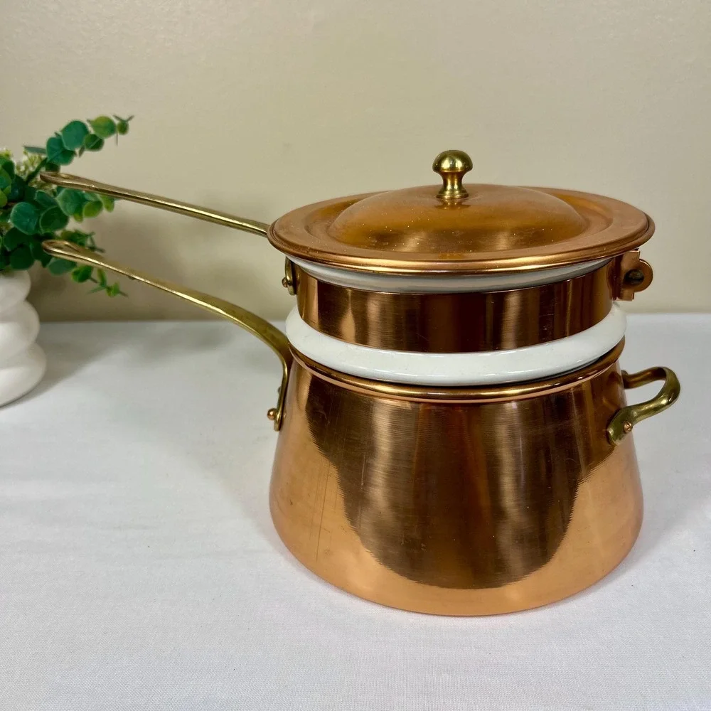 Vintage Copper Double Boiler With Brass Handles | 3 Piece Set